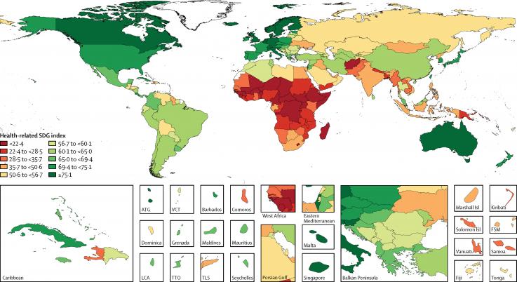 Map of performance on health-related Sustainable Development Goal (SDG) index, by country