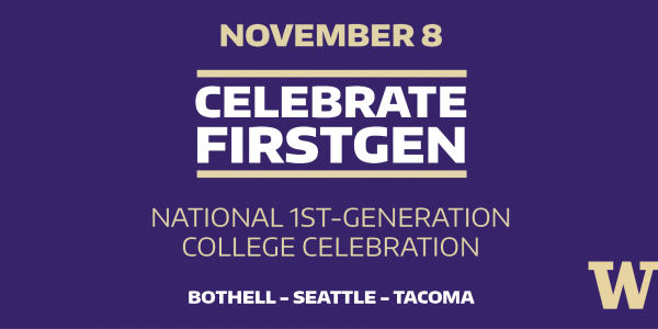 Graphic with words November 8. Celebrate First Gen. National 1st-Generation College Celebration. Bothell Seattle Tacoma
