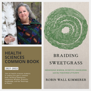 Author Robin Wall Kimmerer with the Cover Art of Braiding Sweetgrass