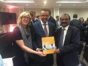 Dr. Rachel Nugent, WHO Director-General Dr. Tedros, and DCP3 volume 5 lead editor Dr. D. Prabhakaran celebrate the launch of the DCP3 series.