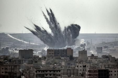 Photo of a shell exploding in Kobane, Syria
