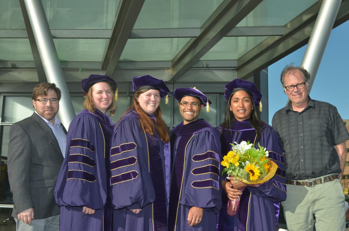 Photo of 2015 Pathobiology graduates Lianna Wood, Lauren Spadafora, Christopher Whidbey, Sowmya Pattabhi, with faculty.