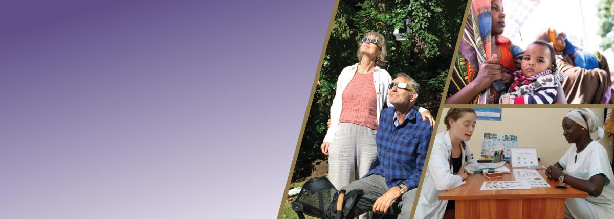 A 3 photo collage of faculty watching the solar eclipse, patients at a health center in Tanzania, and a medical student counseling a social worker in Senegal