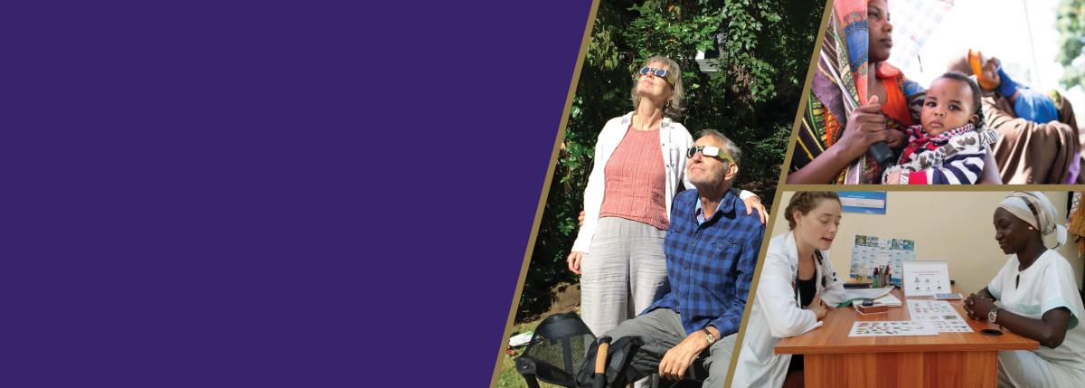 A 3 photo collage of faculty watching the solar eclipse, patients at a health center in Tanzania, and a medical student counseling a social worker in Senegal