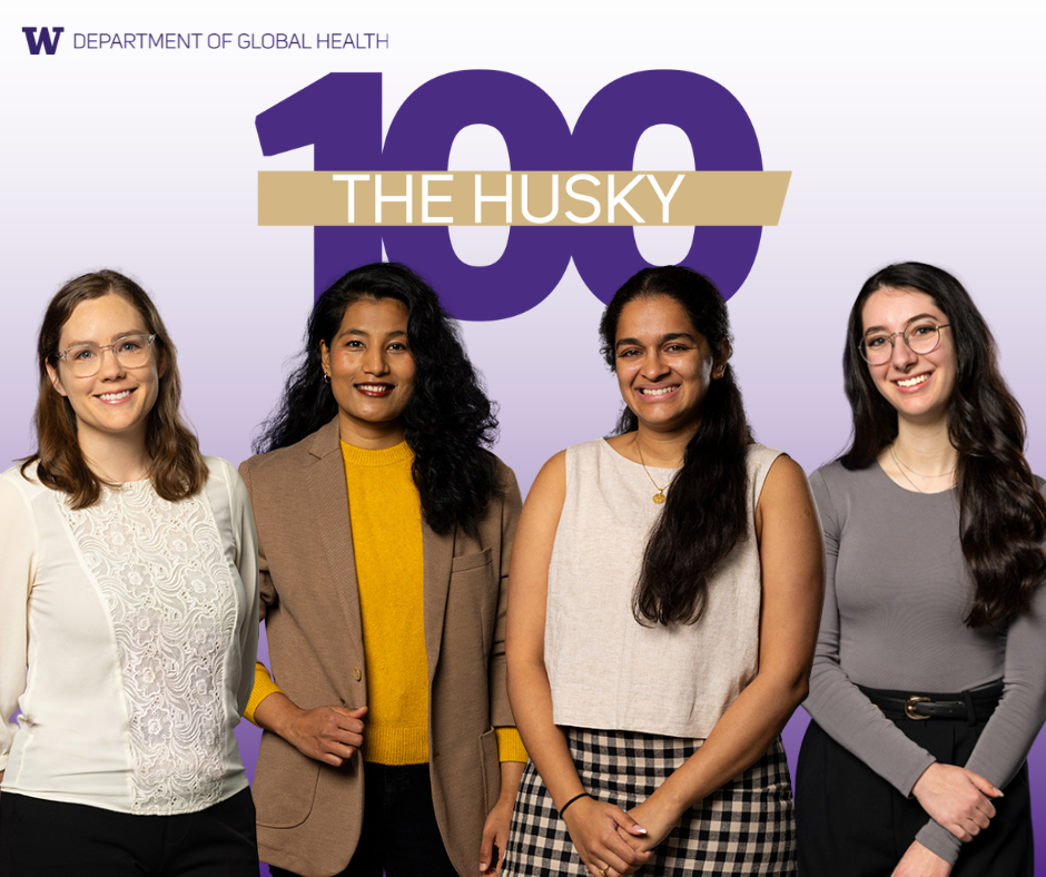 The four husky 100 winners smile at the camera with the Husky 100 logo above their heads.