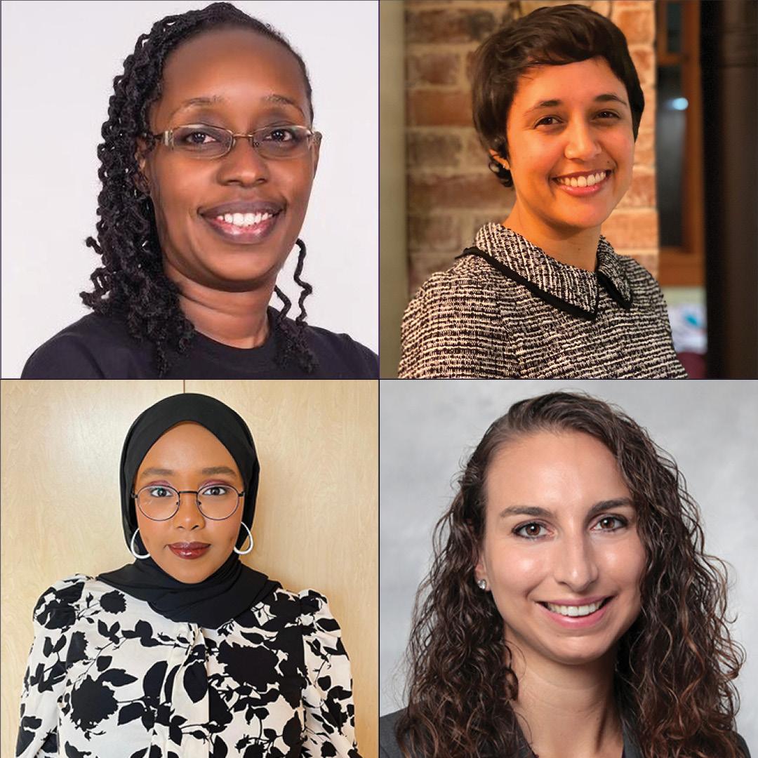 Photo collage of outstanding global health student award winners. Clockwise from top left: Dr. Elizabeth Irungu, Veronica Angali Davé, Alyssa Hummel, Saida Mahamud Tukri 