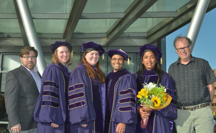 Photo of 2015 Pathobiology graduates Lianna Wood, Lauren Spadafora, Christopher Whidbey, Sowmya Pattabhi, with faculty.